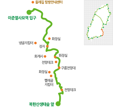 이준열사묘역 입구에서 북한산생태숲 앞까지의 코스입니다.